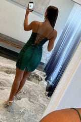 Dark Green Glitter Homecoming Dress with Corset Bodice and Appliques