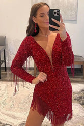 Sparkly Dark Red Bodycon Style with Sequin Shine and V-Neck Long Sleeves Homecoming Dress