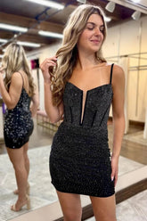 Sparkly Bodycon Mini with Spaghetti Straps and Beaded Detail Homecoming Dress