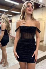 Sparkly Black Bodycon with Off the Shoulder and Lace-Up Back Homecoming Dress