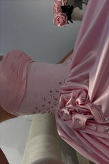 Pale Pink Satin Strapless Homecoming Dress with Rhinestone 3D Flower and High Slit