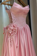 Pale Pink Satin Strapless Homecoming Dress with Rhinestone 3D Flower and High Slit