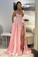 Pale Pink Satin Strapless Homecoming Dress with Rhinestone 3D Flower and High Slit
