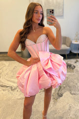 Pink Bubble Hem Homecoming Dress with Rhinestone Corset Bodice and Bow