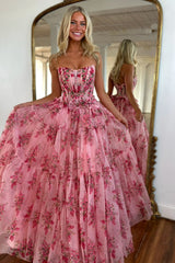 Charming A-Line Pink Strapless Long Print Tulle Prom Party Dress