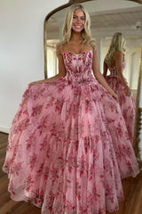 Charming A-Line Pink Strapless Long Print Tulle Prom Party Dress
