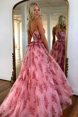 Charming A-Line Pink Strapless Long Print Tulle Prom Party Dress