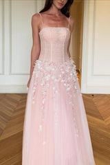 Pink Floral Spaghetti Straps Tulle Ball Gown Prom Dress with Corset Bodice