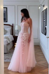 Pink Floral Spaghetti Straps Tulle Ball Gown Prom Dress with Corset Bodice