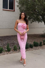 Pink Lemonade Draped Strapless Maxi Dress with Rose Embellishment
