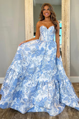 Light Blue Lovely Sweetheart Zipper Back A-Line Long Print Prom Party Dress