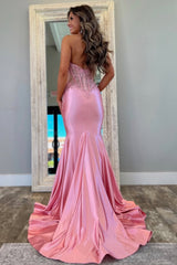 Pink Mermaid Prom Dress with Deep V-Neck Backless Long Satin and Appliques