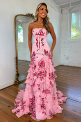 Pretty Pink Strapless Mermaid Prom Dress with Elegant Ruffle Printed Chiffon Skirt