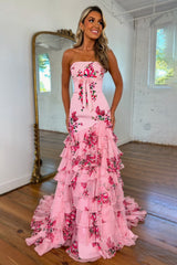 Pretty Pink Strapless Mermaid Prom Dress with Elegant Ruffle Printed Chiffon Skirt