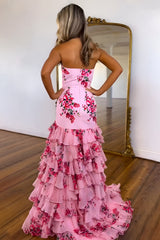 Pretty Pink Strapless Mermaid Prom Dress with Elegant Ruffle Printed Chiffon Skirt