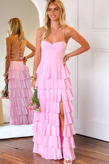 Pink Ruffle Tiered Spaghetti Straps Lace-Up Back Prom Dress with Slit