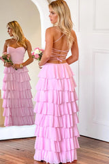 Pink Ruffle Tiered Spaghetti Straps Lace-Up Back Prom Dress with Slit