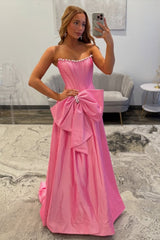 Pink Strapless Satin Prom Dress with Corset Bodice and Bow