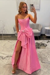 Pink Satin Corset Prom Dress with Neckline Pearl Trim & Oversized Bow