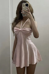 Pink Satin Short Homecoming Dress with Halter Neck and Structured Corset Bodice