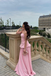 Light Pink Satin Strapless Floor Length Prom Dress