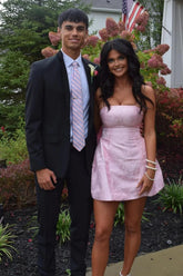 Pink Strapless Corset Jacquard Homecoming Dress with Flared Skirt