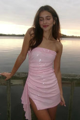 Pink Strapless Sequin Ruched Mini Homecoming Dress with Side Drape Detail