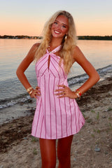 Pink Striped Halter Homecoming Dress with Tie Front Detail and Flared Skirt