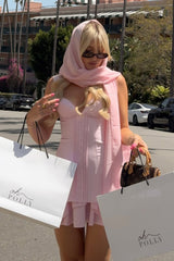 Pink Sweetheart Corset Mini Dress with Button Front and Ruffle Hem