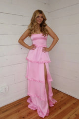Pink Tiered Ruffle Square Neck Lace Up Prom Dress with High Slit