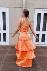Pink Tiered Ruffle Square Neck Lace Up Prom Dress with High Slit
