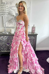 Watercolor Floral Strapless Prom Dress with Sweetheart Tiered Chiffon Train