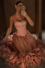 Pink Strapless Corset Prom Dress with Beaded Bodice and Tulle Skirt