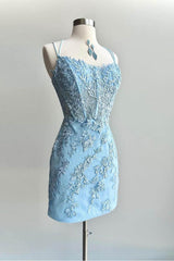 Pretty Blue Spaghetti Straps Short Tight Homecoming Dress With Appliques