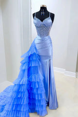 Pretty Mermaid Spaghetti Straps Blue Corset Prom Dress with Beading Slit