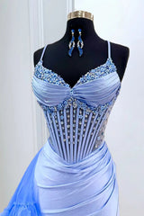Pretty Mermaid Spaghetti Straps Blue Corset Prom Dress with Beading Slit