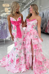 Pretty Mermaid Spaghetti Straps Pink Printed Long Prom Dress with Bowknot
