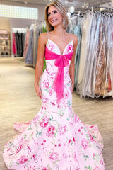 Pretty Mermaid Spaghetti Straps Pink Printed Long Prom Dress with Bowknot