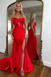 Stunning Mermaid Sweetheart Red Long Prom Dress with Bowknot Slit