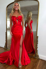 Stunning Mermaid Sweetheart Red Long Prom Dress with Bowknot Slit