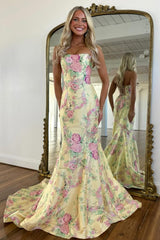 Vintage Inspired Floral Prom Dress with Strapless Bodice and Flowy Skirt