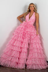 Princess A Line Halter Neck Pink Printed Tulle Long Prom Dress with Ruffles
