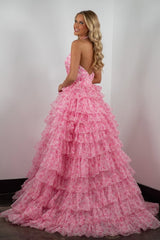 Princess A Line Halter Neck Pink Printed Tulle Long Prom Dress with Ruffles