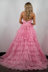 Princess A Line Halter Neck Pink Printed Tulle Long Prom Dress with Ruffles