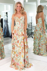 Princess A Line Spaghetti Straps Light Green Corset Prom Dress with Ruffles