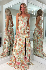 Princess A Line Spaghetti Straps Light Green Corset Prom Dress with Ruffles