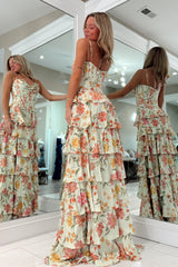 Princess A Line Spaghetti Straps Light Green Corset Prom Dress with Ruffles