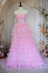 Princess A Line Strapless Pink Tulle Long Prom Dress with Ruffles