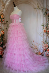 Princess A Line Strapless Pink Tulle Long Prom Dress with Ruffles