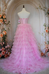 Princess A Line Strapless Pink Tulle Long Prom Dress with Ruffles